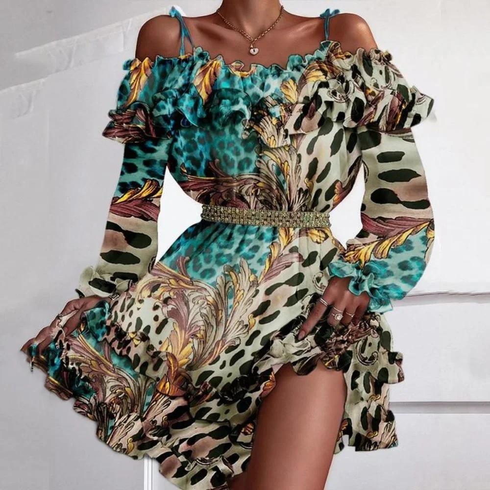 Off Shoulder Ruffle Long Sleeve Mini Dress - Picture 1 of 4